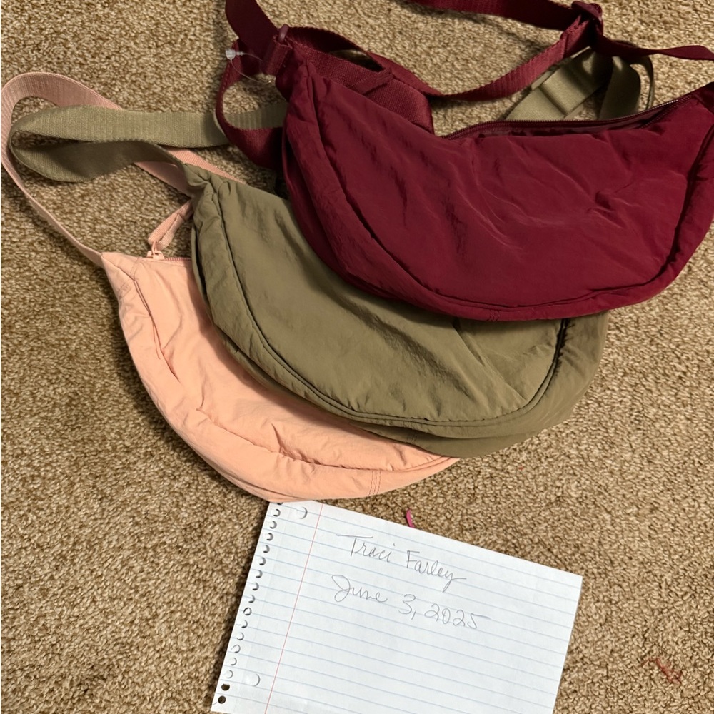 Set of Three Crossbody Bags in Red, Tan/Olive, and Peach